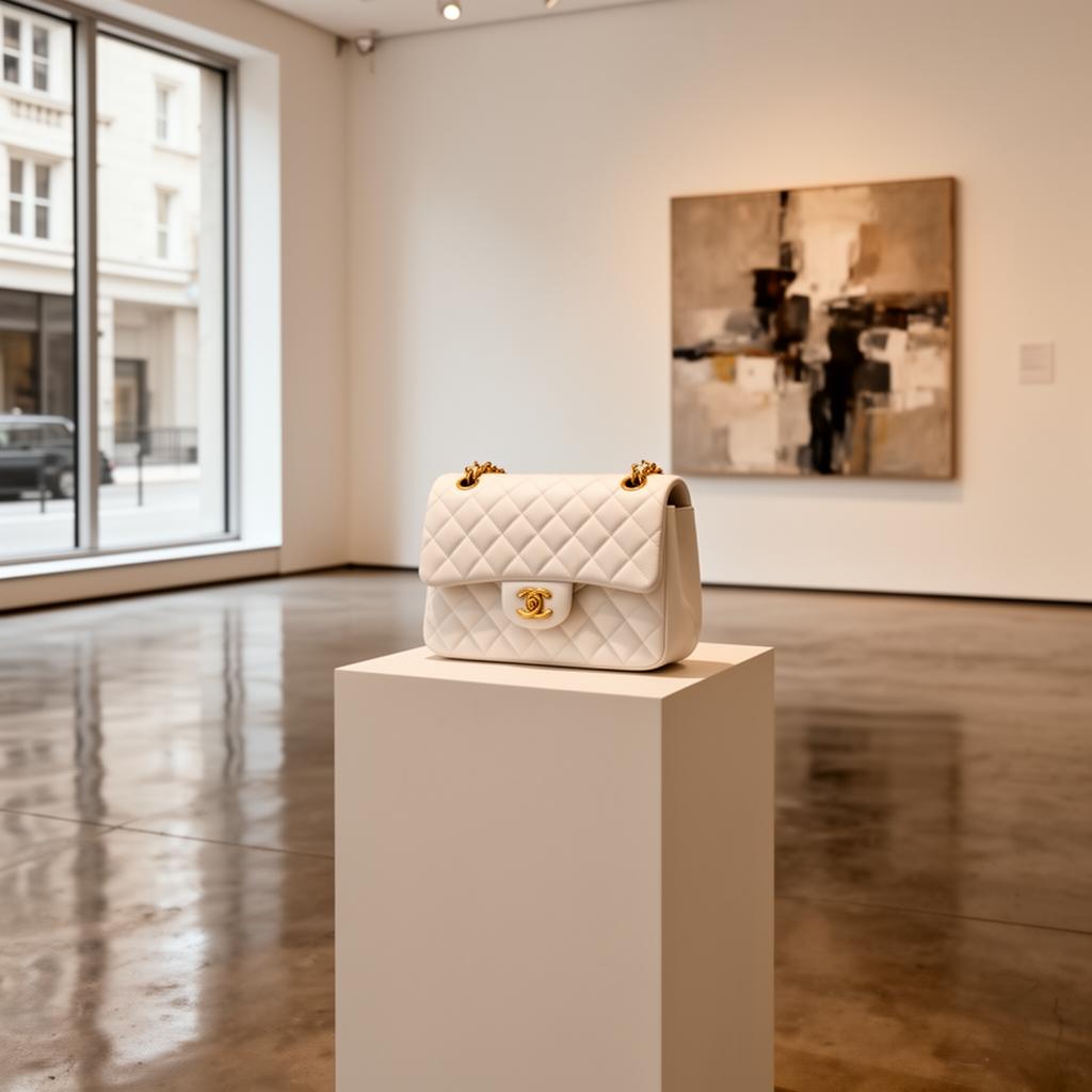 A curated handbag on view in a modern gallery setting