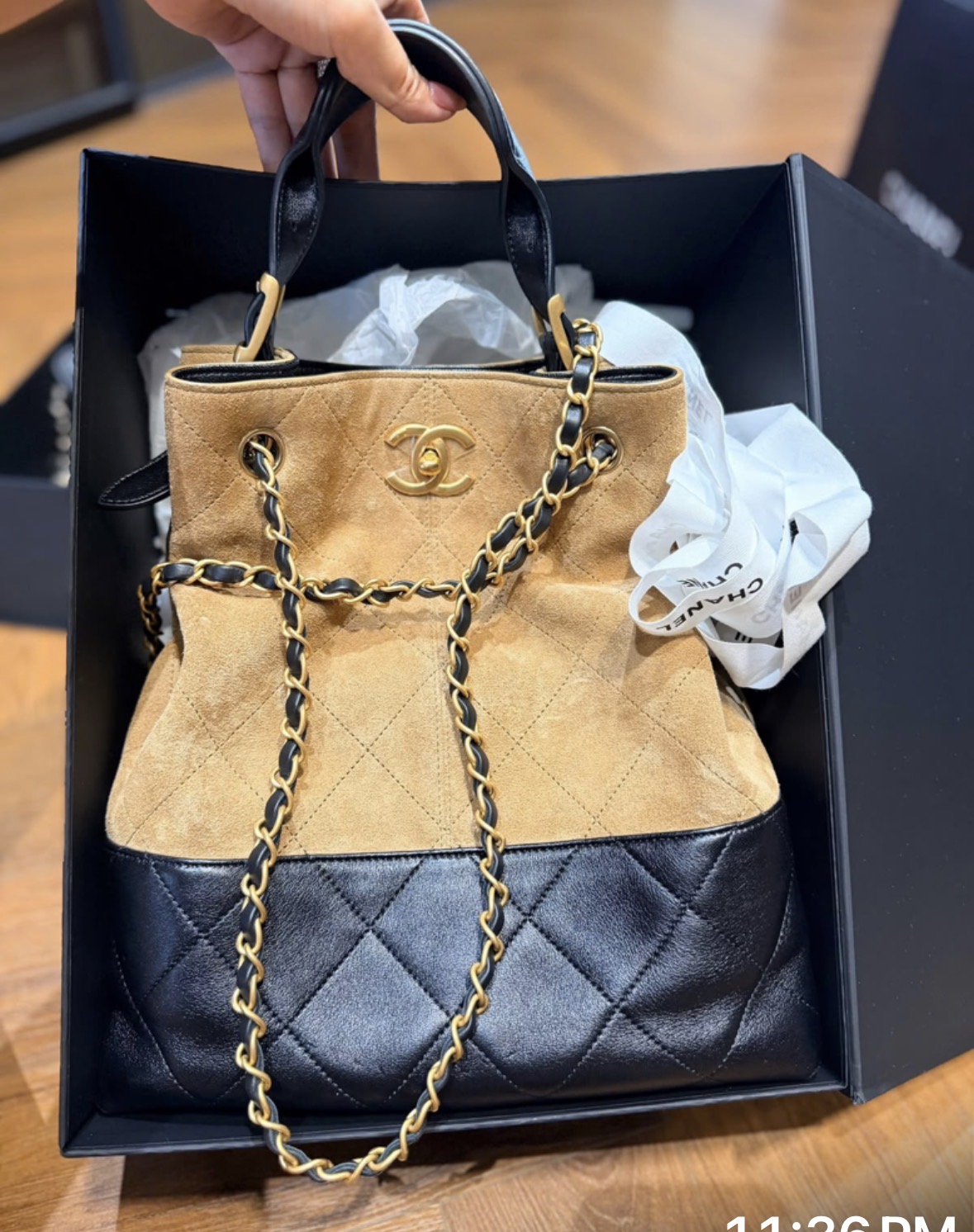 Shopping Bag — Beige Suede & Black Lambskin, Aged Gold
