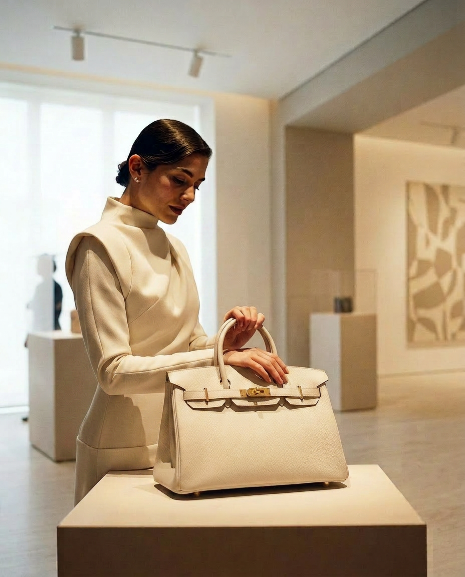 The curator examining a handbag in a softly lit gallery